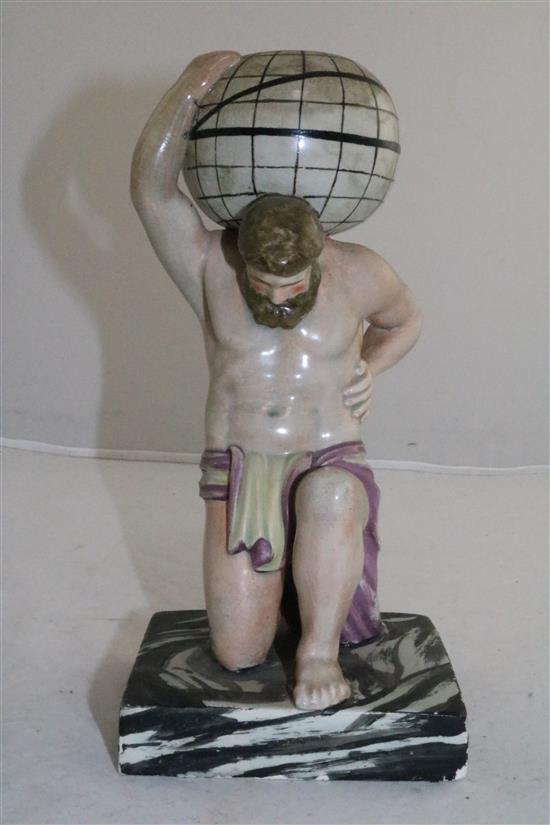 A Enoch Wood type pearlware figure of Atlas supporting a globe on his shoulder, c.1810, 24cm (9.5in.), restorations